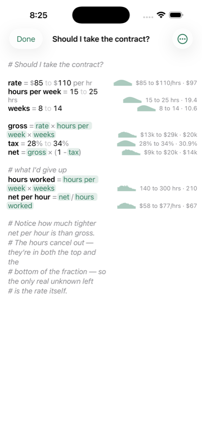 The Ballpark editor. A contract model with ranges on the left and results with small histograms on the right.